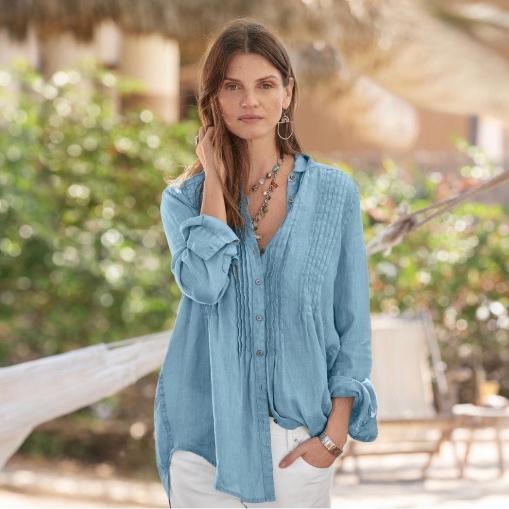 Sundance Katina 100% Linen Chambray Button Down Pleated Shirt